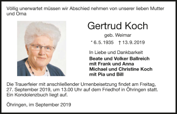 Traueranzeige von Gertrud Koch 