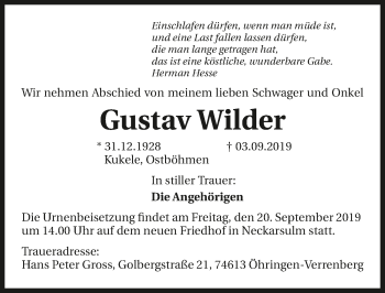 Traueranzeige von Gustav Wilder 