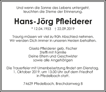 Traueranzeige von Hans-Jörg Pfleiderer 