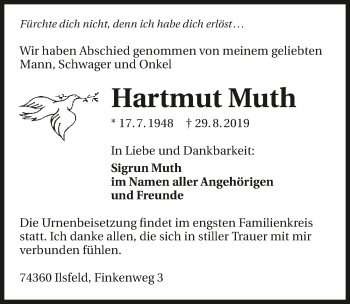 Traueranzeige von Hartmut Muth 