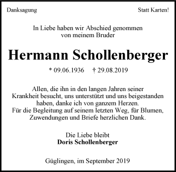 Traueranzeige von Hermann Schollenberger 