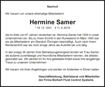 Traueranzeige von Hermine Samer 