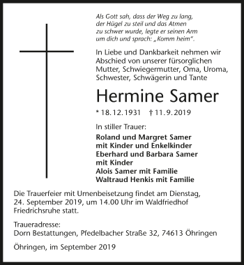 Traueranzeige von Hermine Samer 