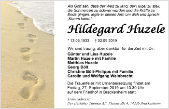 Traueranzeige von Hildegard Huzele 