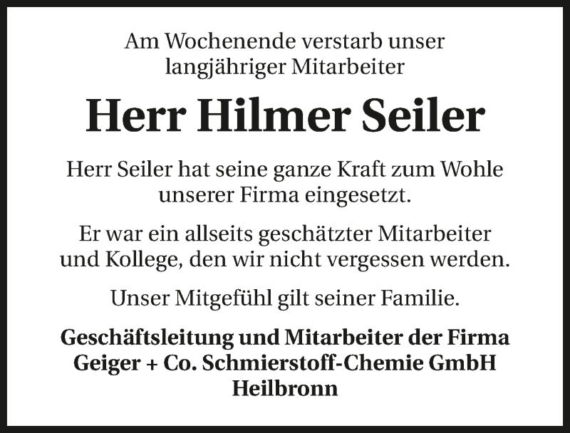  Traueranzeige für Hilmer Seiler vom 18.09.2019 aus 