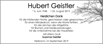 Traueranzeige von Hubert Geistler 