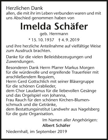 Traueranzeige von Imelda Schäfer 