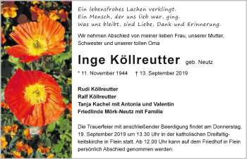 Traueranzeige von Inge Köllreutter 