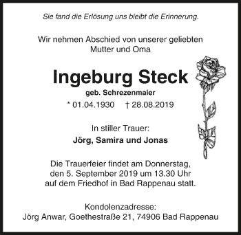 Traueranzeige von Ingeburg Steck 
