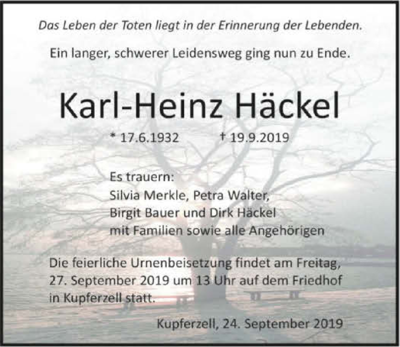  Traueranzeige für Karl-Heinz Häckel vom 24.09.2019 aus 