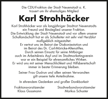 Traueranzeige von Karl Strohhäcker 