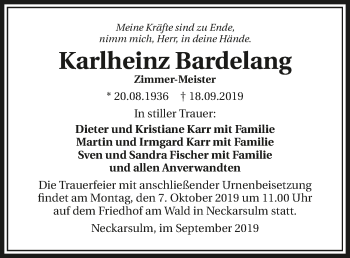 Traueranzeige von Karlheinz Bardelang 