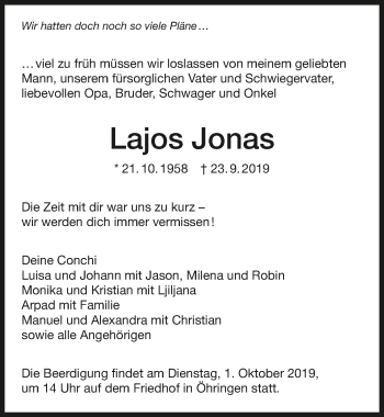 Traueranzeige von Lajos Jonas 