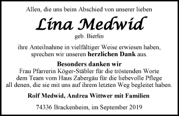 Traueranzeige von Lina Medwid 