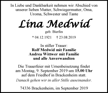 Traueranzeige von Lina Medwid 