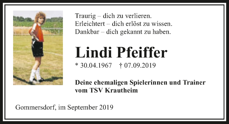  Traueranzeige für Lindi Pfeiffer vom 14.09.2019 aus 