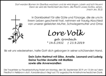 Traueranzeige von Lore Volk 