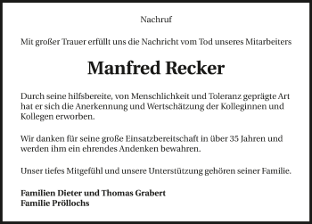 Traueranzeige von Manfred Recker 