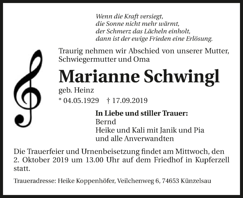 Traueranzeige für Marianne Schwingl vom 24.09.2019 aus 