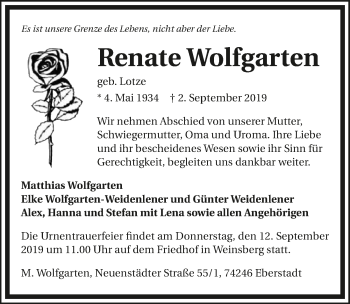 Traueranzeige von Renate Wolfgarten 