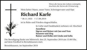 Traueranzeige von Richard Karle 