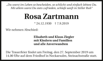 Traueranzeige von Rosa Zartmann 