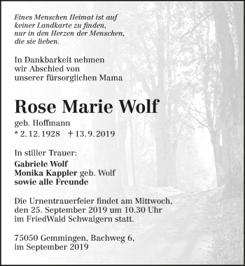 Traueranzeige von Rose Marie Wolf 