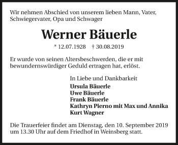 Traueranzeige von Werner Bäuerle 