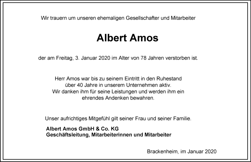  Traueranzeige für Albert Amos vom 08.01.2020 aus 