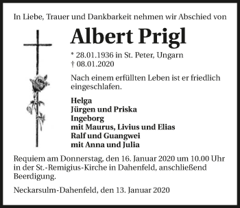 Traueranzeige von Albert Prigl 