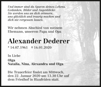 Traueranzeige von Alexander Dederer 