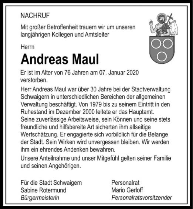 Traueranzeige für Andreas Maul vom 11.01.2020 aus 