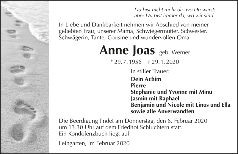  Traueranzeige für Anne Joas vom 01.02.2020 aus 