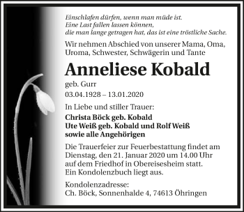 Traueranzeige von Anneliese Kobald 