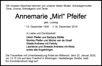 Traueranzeige von Annemarie Pfeifer 