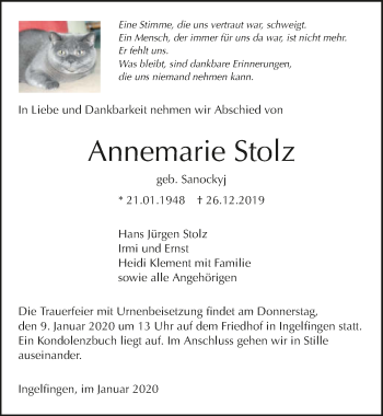 Traueranzeige von Annemarie Stolz 