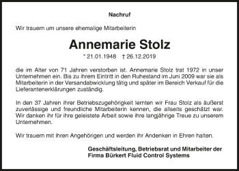 Traueranzeige von Annemarie Stolz 