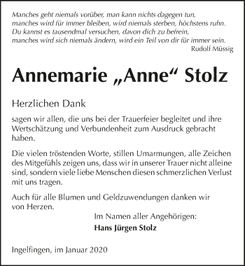 Traueranzeige von Annemarie Stolz 