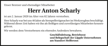 Traueranzeige von Anton Scharly 