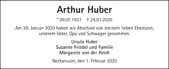 Traueranzeige von Arthur Huber 