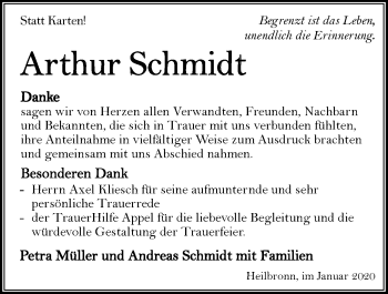 Traueranzeige von Arthur Schmidt 