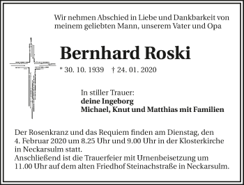 Traueranzeige von Bernhard Roski 