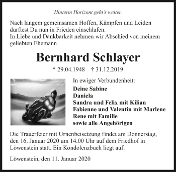 Traueranzeige von Bernhard Schlayer 