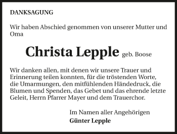 Traueranzeige von Christa Lepple 