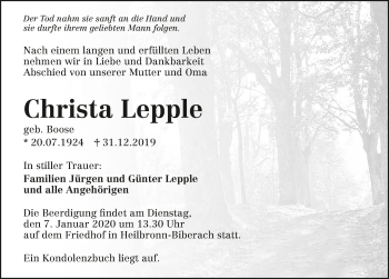 Traueranzeige von Christa Lepple 