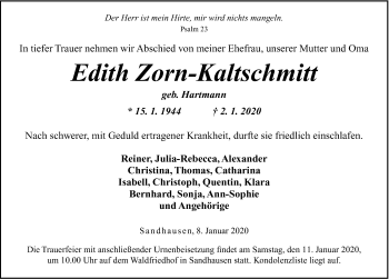 Traueranzeige von Edith Zorn-Kaltschmitt 