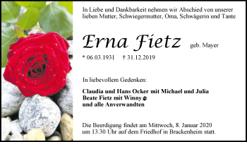 Traueranzeige von Erna Fietz 