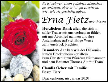 Traueranzeige von Erna Fietz 