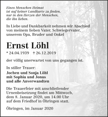 Traueranzeige von Ernst Löhl 