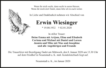 Traueranzeige von Erwin Wiesinger 